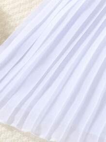 SHEIN Wedding Diary Young Girls' Sleeveless Cape Waist-Tied Pleated Dress With Belt, Summer - White - View 4