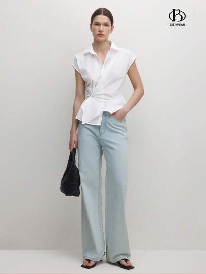 BizChic Blusa de manga corta con cintura fruncida y bajo asimétrico, para uso urbano, oficina, casual elegante y formal, camisa de moda para dama