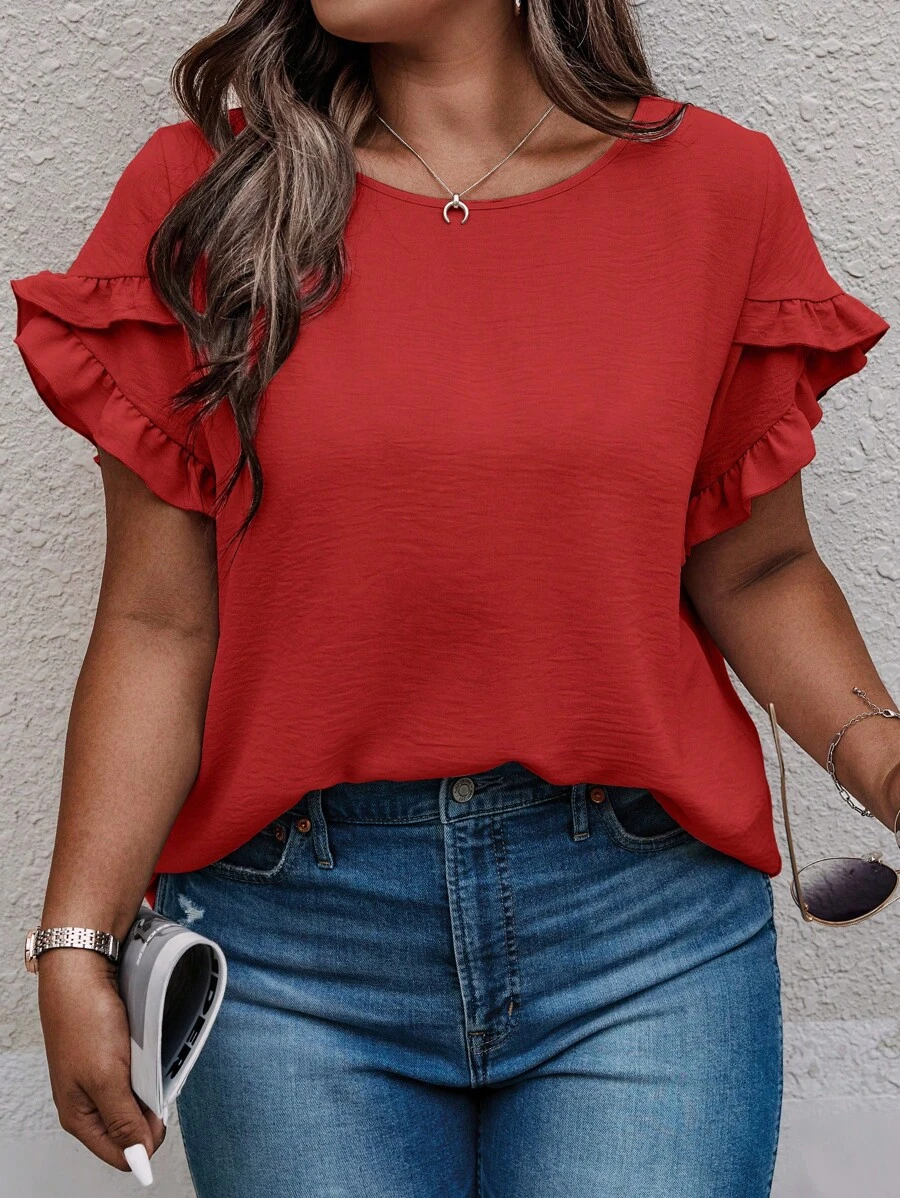 Weeklong Plus Size Summer Solid Color Ruffle Edge Cap Sleeve Blouse For New Year Clothes - Red - View 1