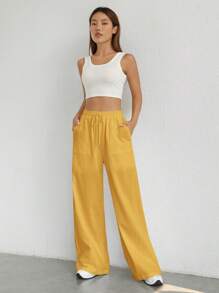 SHEIN EZwear Pantalones amplios tejidos de ocio amarillos - Amarillo - Ver 3