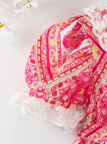 SHEIN Vestido De Verano Con Estampado Floral Lindo Para Niñas Con Borde Floral Y Mangas Abullonadas