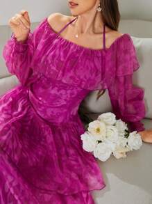 Modelyn 春夏款染色不對稱領口燈籠袖系腰優雅洋裝 - 玫紅色 - 查看 1