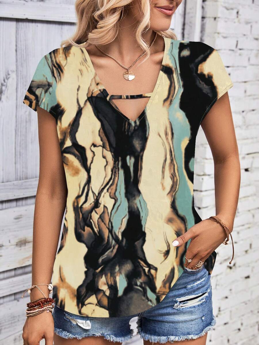 INAWLY Women Marble Pattern Batwing Sleeve Summer T-Shirt - Multicolor - View 1