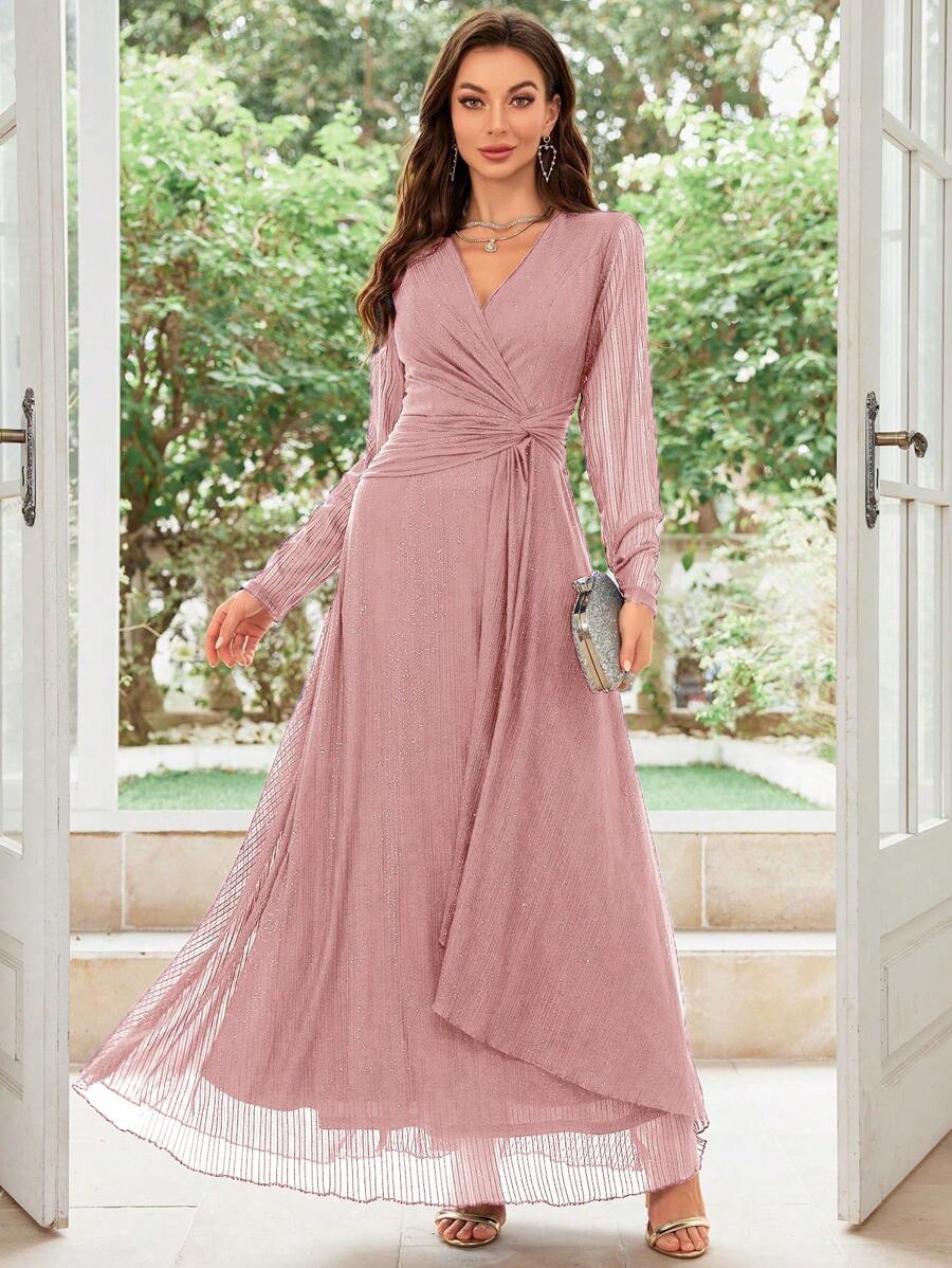 SHEIN Belle Đầm cocktail cổ chữ V thanh lịch màu trơn dành cho nữ - Hồng - Xem 1
