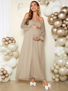SHEIN Vestido de género revelador para maternidad, escote con hombros descubiertos, elegante y romántico para fiesta de revelación del sexo del bebé, fiesta de baby shower, vestido de maternidad