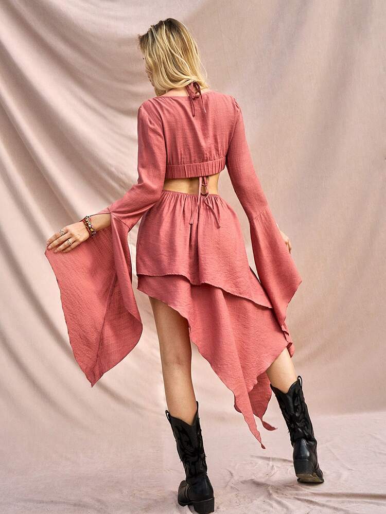 Women Plain Bell-Sleeved Crop Top With Tie & Asymmetric Hem Skirt Two Pieces Set