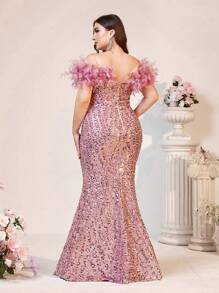 SHEIN Belle Plus Size Elegant Romantic Sequins Feather Shoulder Decor Women Evening Party Gown (Heavy Duty) (The Shoulder Feathers Are Fake, Made Of Feathers) Formal Prom Wedding Guest Dress, For Graduation, Dinner