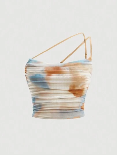 SHEIN MOD 大码女式夏季渐变色印花不对称吊带无袖修身上衣