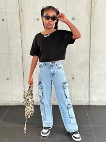 SHEIN Tween Girl Casual Spring/Summer Knitted Solid Color Short Sleeve Top With Round Neckline And V-Back