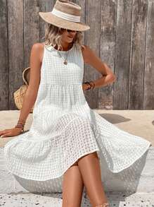 Breezaya Women Summer Solid Color Loose Casual Dress With Round Neck, Sleeveless And Ruffled Hem Vacation Beach Outfit