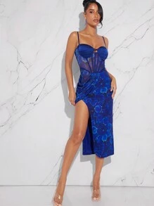 Hauture Floral Print Split Thigh Bustier Mesh Cami Dress - Multicolor - View 1