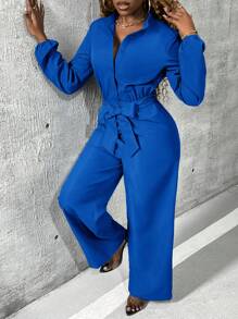 Slaydiva Elegante mono de mujer unicolor con cinturón de cinturilla abotonada frontal y estilo para trabajar - azul real - Ver 5