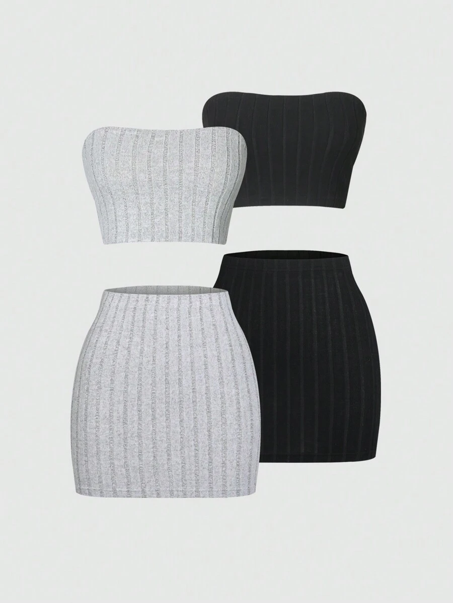 SHEIN Unity Texture-Grabbing Strapless Crop Top And Skirt Set - Multicolor - View 1