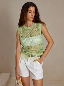 Anewsta Chaleco sin mangas de malla con flecos para mujer para vacaciones en la playa - Verde militar - Ver 5