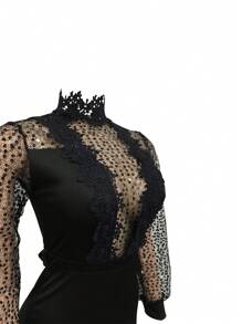 女性空心透視長袖長褲綁帶連身褲 - 黑色 - 查看 6