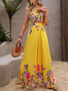 EMERY ROSE Women Printed Jumpsuit With Spaghetti Straps For Stylish Spring/Summer Vacation Outfit - Yellow - View 6