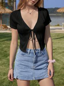 SHEIN EZwear Women Black Knitted Tie Front Summer Short Sleeve Top