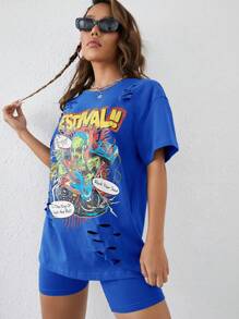 SHEIN EZwear 手編音樂節印花T恤和彈性短褲套裝 - 寶藍色 - 查看 5