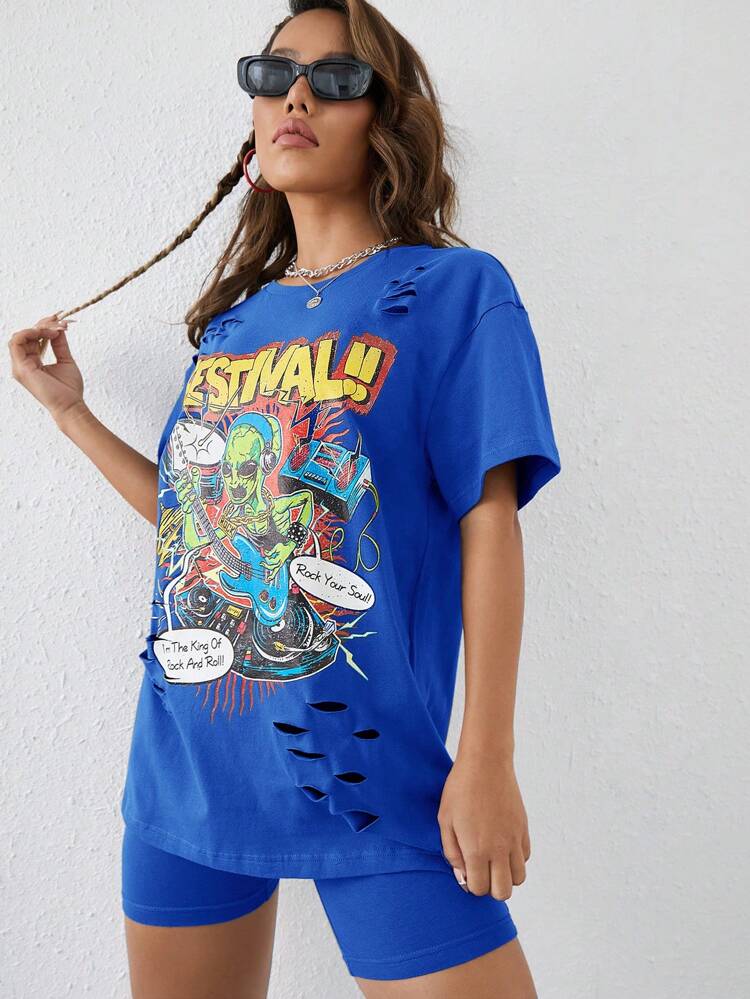 Knitted Music Festival Printed T-Shirt And Elastic Shorts Set