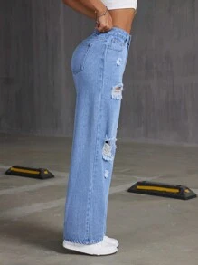 SHEIN Tall جينز بخصر عالي بتمزقات وغسيل عادي بجيوب بلون واحد - أزرق متوسط - مشاهدة 5