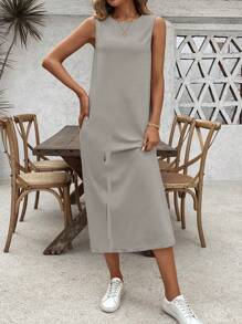 Breezaya 女士纯色无袖休闲日常装春夏连衣裙长款女装 - 淺灰色 - 查看 4