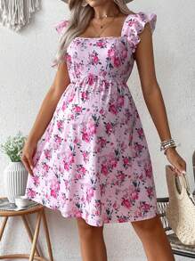 SHEIN Maternity Floral Print Dress With Floral Flounce Sleeves - Pink - View 3