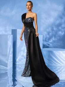 Women One-Shoulder Draped Geometric Sequin Mermaid Hem Long Evening Dress