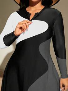 Swim Mulvari Plus Size Summer Beach Plus Color Block Full Cover Burkini Swimsuit Arabic Clothing - Grey - View 3