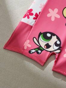 THE POWERPUFF GIRLS X SHEIN 少女可愛粉色花卉印花拉甘袖短褲連身游泳衣，適用於休閒穿著 - 彩色 - 查看 3