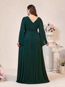 SHEIN Belle Dark Green Plus Size Bridesmaid Dress,Spring Formal Elegant Evening Deep V-Neck High Side Split Dramatic Puff Sleeve Prom Wedding Guest Gown,Dinner - Dark Green - View 2