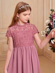 Tween Girl Short-Sleeve Dress With Sheer Mesh Contrast And Woven Bottom In Solid Color - Pink - View 3