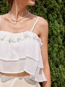 GENKIRA 性感荷叶边露背多层荷叶边下摆吊带背心上衣 - 白色 - 查看 5
