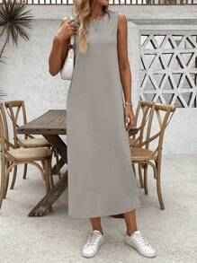 Breezaya 女士纯色无袖休闲日常装春夏连衣裙长款女装 - 淺灰色 - 查看 1