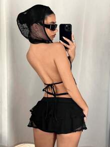 SHEIN ICON Y2k Summer Spring Outfits Hooded Streetwear Black Short Mesh Tank Top With Metal Applique Detail