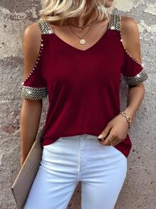 EMERY ROSE Camiseta de verano con hombros descubiertos, decoración de cuentas, y estampado gráfico, para mujer