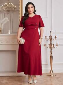 Modelyn Burgundy Red Women Solid Color Simple Daily Plus Size Dress,Elegant Evening Party Dress Long Evening Dresses