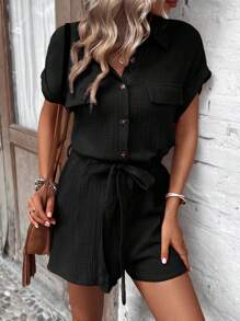 SHEIN LUNE Solid Color Plisse Flap Detail Waist Belt Shirt Romper For Summer