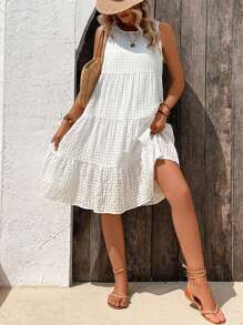 Breezaya Women Summer Solid Color Loose Casual Dress With Round Neck, Sleeveless And Ruffled Hem Vacation Beach Outfit