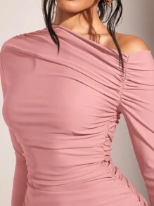 SHEIN BAE 女士露肩長袖修身迷你連身裙，褶皺設計 - 藕粉色 - View 7