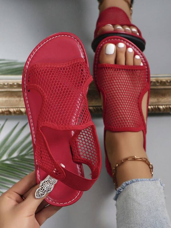 Women Summer White Flat Sandals Mesh Hollow Out Slip-On Fashionable Slouchy Shoes With Elastic Strap