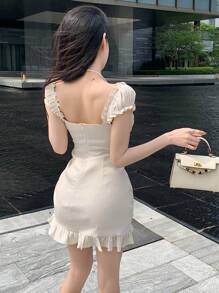 DAZY 女式抽绳系带腰部荷叶边下摆连衣裙，带褶饰和荷叶边，太阳裙，迷你裙，休闲女装 - 米色 - 查看 5