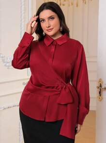 Modelyn Plus Size Vintage Elegant Tie Front Long Sleeve Shirt And Slit Skirt Two Pieces Set - Multicolor - View 6