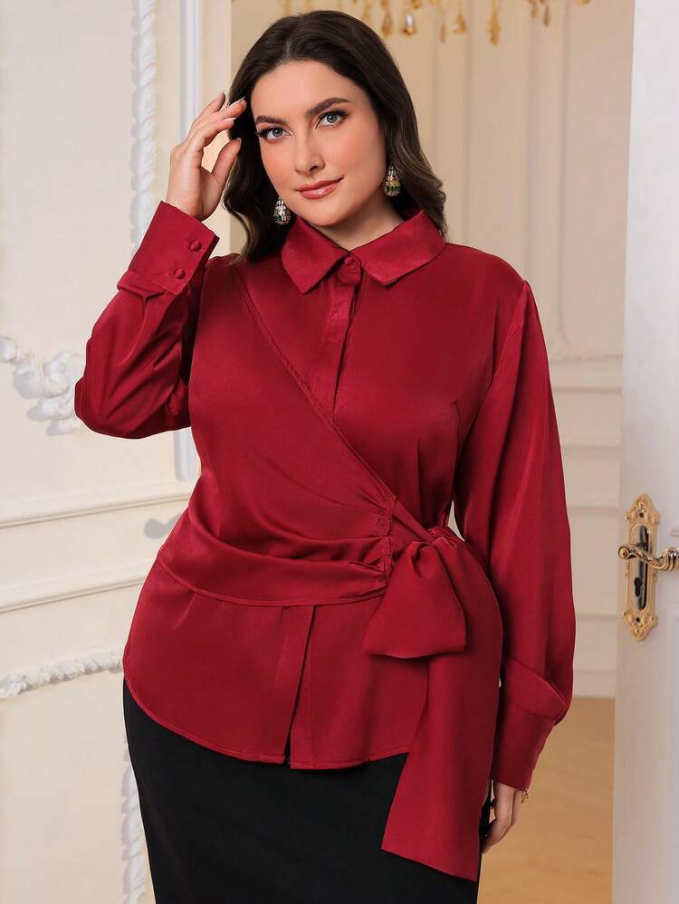 Plus Size Vintage Elegant Tie Front Long Sleeve Shirt And Slit Skirt Two Pieces Set