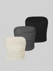 SHEIN LUNE Women Summer Solid Color Strapless Pleated Casual Tops (Set Of 3) - Multicolor - View 2