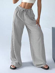 SHEIN EZwear Striped & Printed Casual Daily Wear Women Spring/Summer Long Pants - Black and White - View 5
