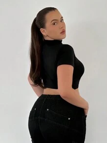 SHEIN SXY Plus Size Stand Collar Solid Color Casual Daily Wear Spring Summer Short Sleeve T-Shirt - Black - View 2