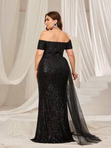 Faeriesty Große Größen Damen Off-Shoulder Abendkleid mit hohem Schlitz und abnehmbarem Schleppzug - Formelles Ballkleid, Hochzeitsfotografie, Roter Teppich Event, Braut-Portrait, Gala-Feier Garderobe