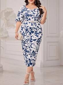 Modelyn Plus Size Spring Summer Flower Print Lantern Sleeve Fitted Dress - Multicolor - View 4