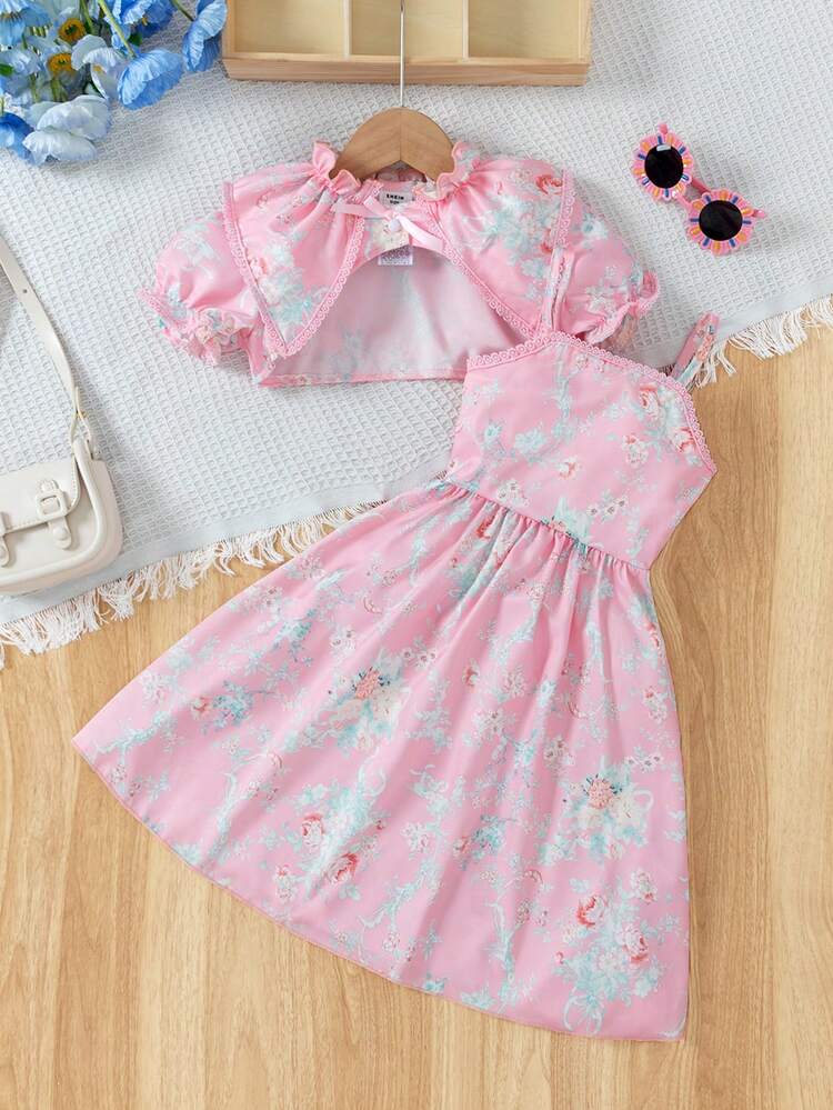 Young Girl Warm Holiday Two-Piece Floral Pattern Puff Sleeve Top And Floral Print Lace Trim Cami Dress For Summer