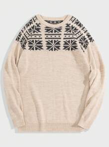 RueChic Casual Men Loose Fit Sweater With Snowflake Pattern And Collar - Beige - View 1